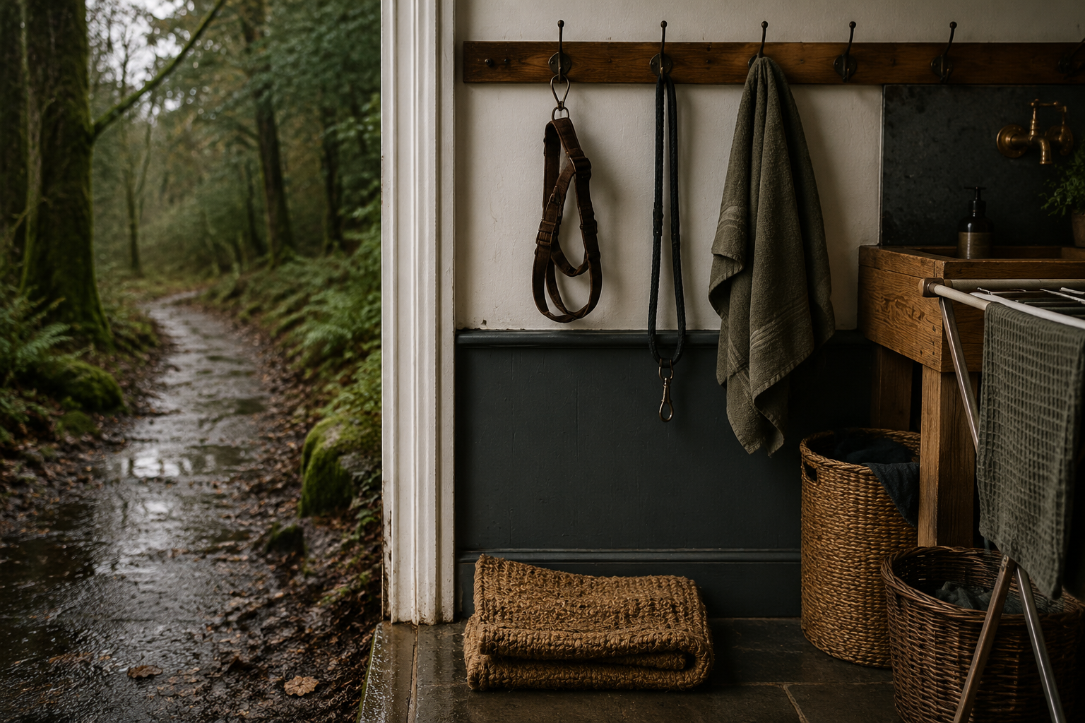 A rainy woodland walk fading into a calm home porch with hooks, towels, a utility sink and storage baskets.