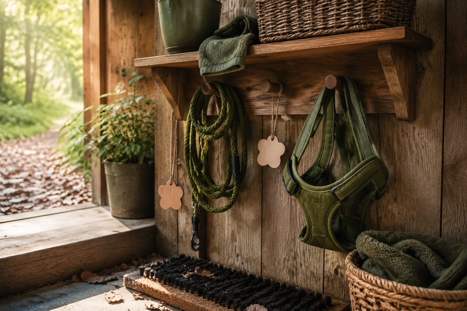 Light pet-walk gear tidied after a leafy morning woodland loop, moss green tones and wooden labels.