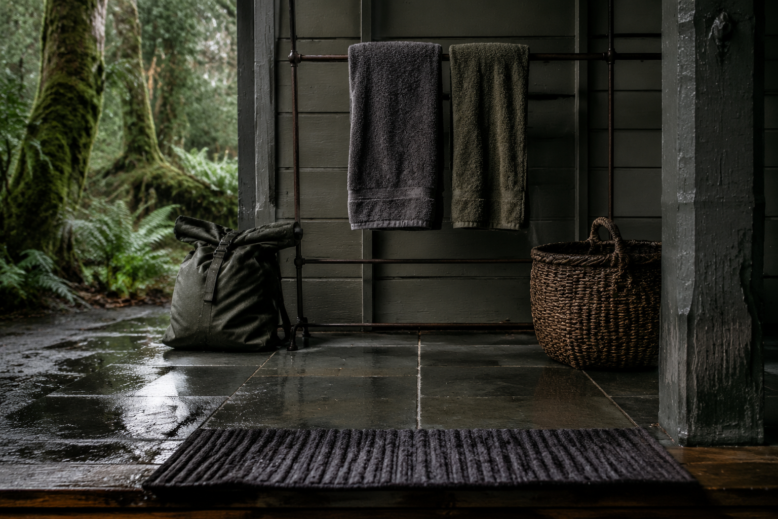 Rain-after-walk porch reset with towels, a drip mat and a wet-gear bag, wet slate tones, no medicine.