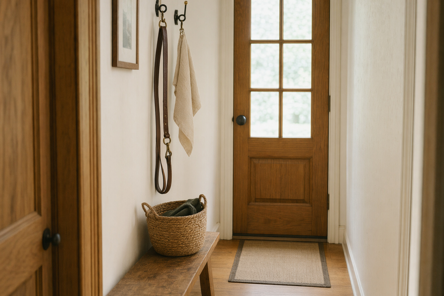 Small hallway pet-gear reset with hooks, a basket, a wipe cloth and a floor mat, warm oak and chalk tones.