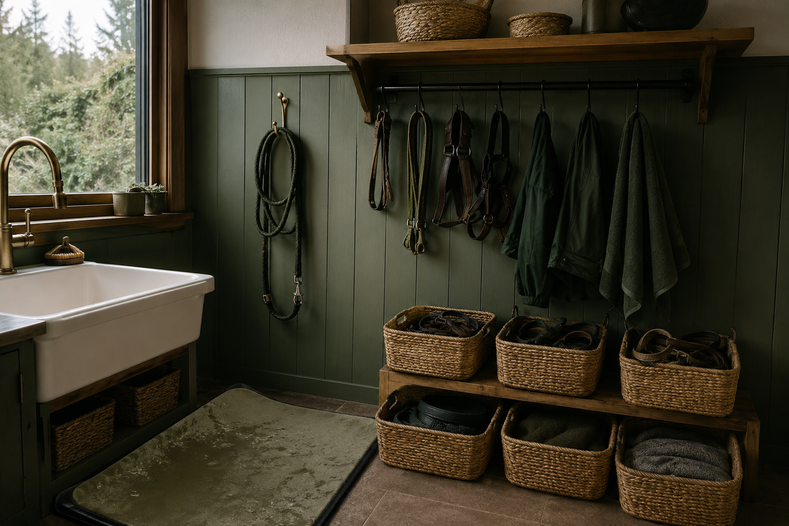 Weekend field return with ordinary pet gear sorted into zones, baskets and mats, deep moss and warm oak tones.